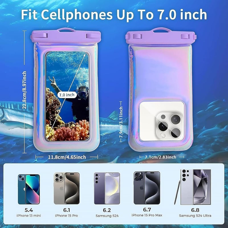 Foweroty Floatable Waterproof Phone Pouch Case 2 Pax for iPhone 17 16 Pro Max/15/14/13/12,IP68 Travel Cellphone Dry Bag Beach Cruise Ship Essentials Bags with Crossbody Lanyard, Iridescent Purple and Black-7″ - Image 3